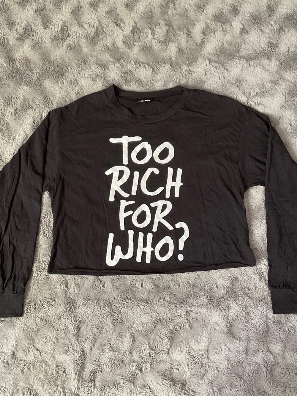 Black Graphic Long-Sleeve Crop Top - "Too Rich For Who?"